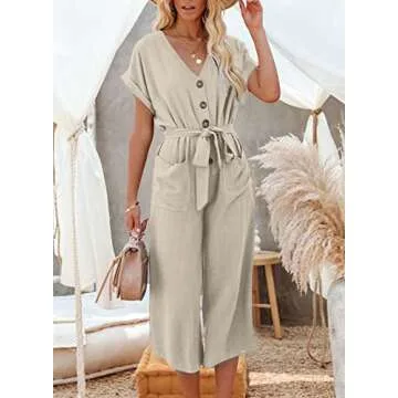 Acelitt Women's Ladies Casual Summer V Neck Short Sleeve Button High Waist Belted Wide Leg Jumpsuits Beige Medium