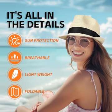 Eco-Friendly Straw Fedora Hat Packable Short Brim Trilby Sun Hat UPF 50+