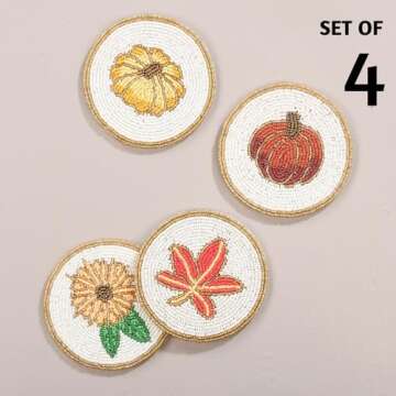 Folkulture Coasters for Table Decorations for Home, Pack of 4 Beaded Farmhouse Coasters, 4" Round Cu...