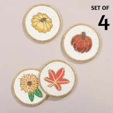 Folkulture Coasters for Table Decorations for Home, Pack of 4 Beaded Farmhouse Coasters, 4" Round Cute Boho Coasters for Table Décor, Rustic Bar Coasters for Drinks, Valentine Gifts for Her and Women