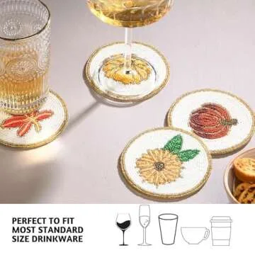 Folkulture Coasters for Table Decorations for Home, Pack of 4 Beaded Farmhouse Coasters, 4" Round Cute Boho Coasters for Table Décor, Rustic Bar Coasters for Drinks, Valentine Gifts for Her and Women