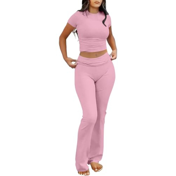 ANRABESS 2 Piece Sets for Women Lounge Loungewear Sets Foldover Yoga Flare Leggings Pants and Croppe...