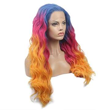 FSLWIGS Long Rainbow Hair Wig Multi-Color Natural Wave Synthetic Lace Front Wigs Colorful Heat Resis...