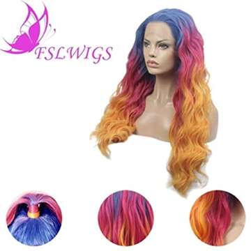 FSLWIGS Long Rainbow Hair Wig Multi-Color Natural Wave Synthetic Lace Front Wigs Colorful Heat Resistant for Music Festival, Theme Parties, Wedding, Concerts, Dating, Cosplay, Daily Use & More