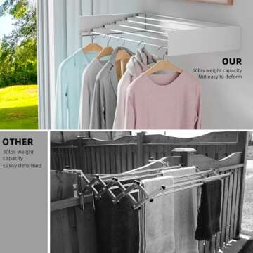 Laundry Drying Rack Collapsible, Wall Mounted, Clothes Drying Rack, 31.5" Wide, 13.2 Linear Ft, 5 Aluminum Rods, 60 lb Capacity, Laundry Racks for Drying Clothes with Wall Template(White 31.5" )