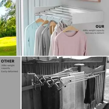 Laundry Drying Rack Collapsible, Wall Mounted, Clothes Drying Rack, 31.5" Wide, 13.2 Linear Ft, 5 Aluminum Rods, 60 lb Capacity, Laundry Racks for Drying Clothes with Wall Template(White 31.5" )