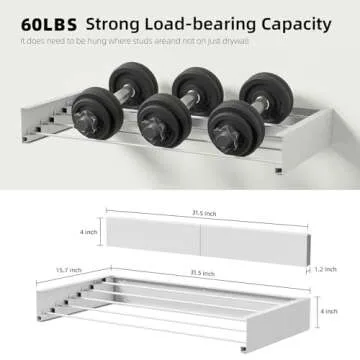 Laundry Drying Rack Collapsible, Wall Mounted, Clothes Drying Rack, 31.5" Wide, 13.2 Linear Ft, 5 Aluminum Rods, 60 lb Capacity, Laundry Racks for Drying Clothes with Wall Template(White 31.5" )