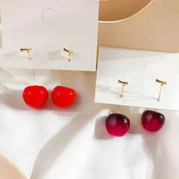 ONEYIM 3D Red Cherry Drop Earrings Cute Fruit Gold Dangle Earrings Charm Jewelry Gift Earrings for Women