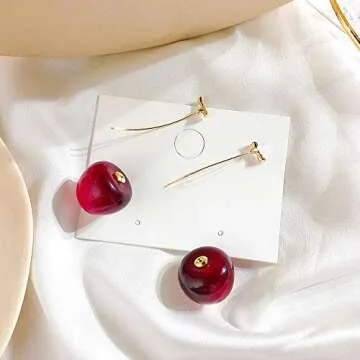 ONEYIM 3D Red Cherry Drop Earrings Cute Fruit Gold Dangle Earrings Charm Jewelry Gift Earrings for Women