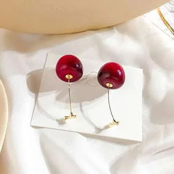 ONEYIM 3D Red Cherry Drop Earrings Cute Fruit Gold Dangle Earrings Charm Jewelry Gift Earrings for Women