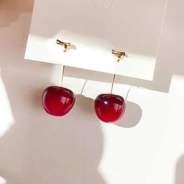 ONEYIM 3D Red Cherry Drop Earrings Cute Fruit Gold Dangle Earrings Charm Jewelry Gift Earrings for Women