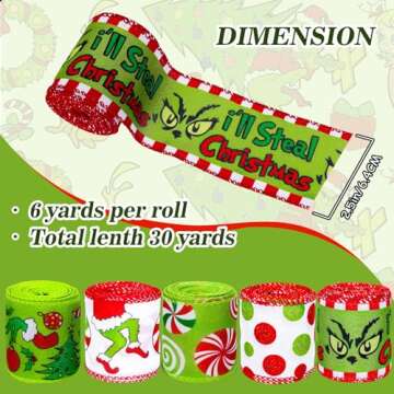 JarThenaAMCS 5 Rolls Christmas Wired Edge Ribbon Xmas Funny Cartoon Character Craft Ribbon Candy Cane Red Green Glitter Dots Decorative Ribbon for Bow Wreath Gift Wrapping Party Decor, 30 Yards