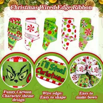 JarThenaAMCS 5 Rolls Christmas Wired Edge Ribbon Xmas Funny Cartoon Character Craft Ribbon Candy Cane Red Green Glitter Dots Decorative Ribbon for Bow Wreath Gift Wrapping Party Decor, 30 Yards
