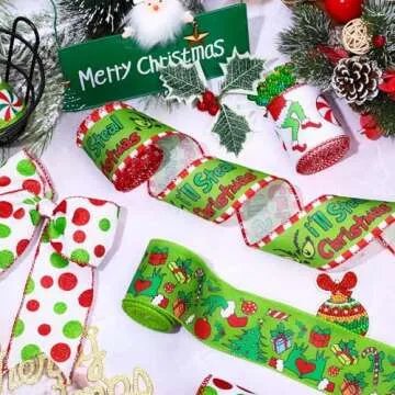 JarThenaAMCS 5 Rolls Christmas Wired Edge Ribbon Xmas Funny Cartoon Character Craft Ribbon Candy Cane Red Green Glitter Dots Decorative Ribbon for Bow Wreath Gift Wrapping Party Decor, 30 Yards