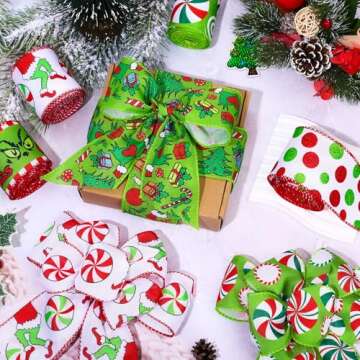JarThenaAMCS 5 Rolls Christmas Wired Edge Ribbon Xmas Funny Cartoon Character Craft Ribbon Candy Cane Red Green Glitter Dots Decorative Ribbon for Bow Wreath Gift Wrapping Party Decor, 30 Yards