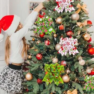 JarThenaAMCS 5 Rolls Christmas Wired Edge Ribbon Xmas Funny Cartoon Character Craft Ribbon Candy Cane Red Green Glitter Dots Decorative Ribbon for Bow Wreath Gift Wrapping Party Decor, 30 Yards