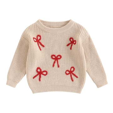 Toddler Baby Girl Knit Sweater Bow Embroidery Chunky Sweatshirt Tops Oversized Warm Christmas Fall W...