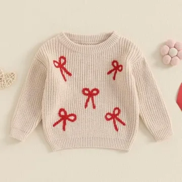 Toddler Baby Girl Knit Sweater Bow Embroidery for Fall