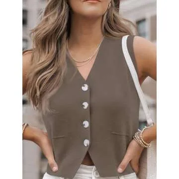 LILLUSORY Sweater Vest Women Dressy Button Up Sweater Tank Tops 2024 Knit Work Business Casual Outfits DeepCamel M