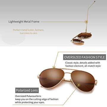 SUNGAIT Women’s Lightweight Oversized Aviator Sunglasses - Polarized Lens (Light-Gold Frame/Non-mirrored Brown Lens, 60) 1603TKC