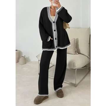 PRETTYGARDEN Women's 2 Piece Outfits Knit Matching Lounge Sets Long Sleeve V Neck Cardigan Sweaters Wide Leg Pants Tracksuits (Black,X-Large)