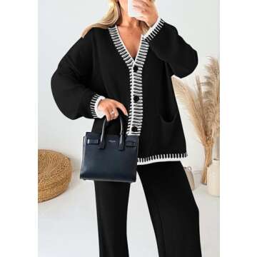 PRETTYGARDEN Women's 2 Piece Outfits Knit Matching Lounge Sets Long Sleeve V Neck Cardigan Sweaters Wide Leg Pants Tracksuits (Black,X-Large)