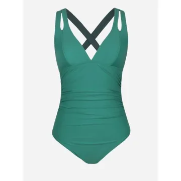 CUPSHE Women One Piece Swimsuits Tummy Control Deep V Neck Double Straps Crisscross Back Tie Bathing Suits Green
