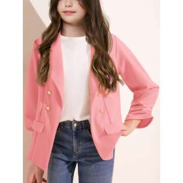 Girls Blazer Jacket Solid Color Long Sleeve Lapel Open Front Tops with Pockets 4-15 Years