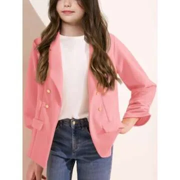 Girls Blazer Jacket Solid Color Long Sleeve Lapel Open Front Tops with Pockets 4-15 Years
