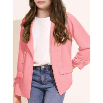 Girls Blazer Jacket Solid Color Long Sleeve Lapel Open Front Tops with Pockets 4-15 Years