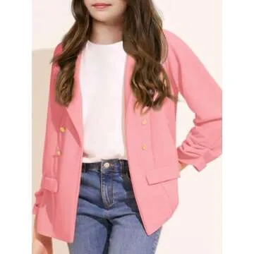 Girls Blazer Jacket Solid Color Long Sleeve Lapel Open Front Tops with Pockets 4-15 Years