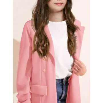 Girls Blazer Jacket Solid Color Long Sleeve Lapel Open Front Tops with Pockets 4-15 Years