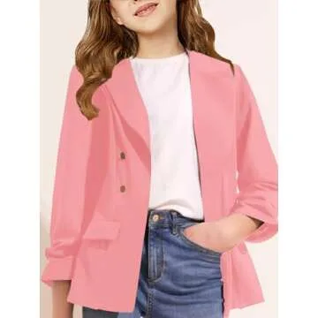 Girls Blazer Jacket Solid Color Long Sleeve Lapel Open Front Tops with Pockets 4-15 Years