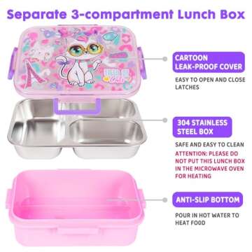 YOYTOO Stainless Steel Bento Lunch Box for Kids, 800ml/27oz BPA-Free Leak-Proof Children Food Containers with 3 Compartments, School Students Daycare Lunches Snack Container