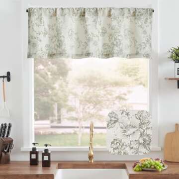 jinchan Linen Kitchen Valance with Lined Floral Valance Curtain 16 Inch Farmhouse Red Peony Flower Printed Curtain for Windows Living Room French Retro Patterned Rod Pocket 1 Panel Green on Beige