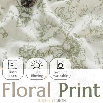 jinchan Linen Kitchen Valance with Lined Floral Valance Curtain 16 Inch Farmhouse Red Peony Flower Printed Curtain for Windows Living Room French Retro Patterned Rod Pocket 1 Panel Green on Beige