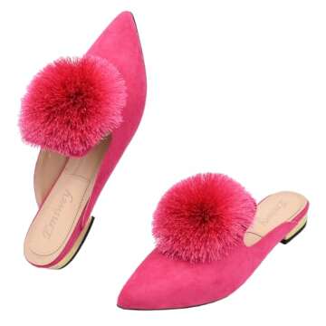 Emiwey Women's Backless Comfort Slip On Loafers Flats Cute Pom Pom Mule Slippers Casual Shoes Rose Red 8.5 M US