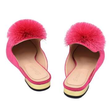 Emiwey Women's Backless Comfort Slip On Loafers Flats Cute Pom Pom Mule Slippers Casual Shoes Rose Red 8.5 M US