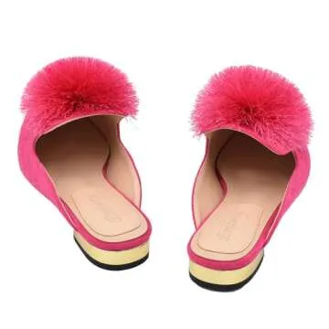 Emiwey Women's Backless Comfort Slip On Loafers Flats Cute Pom Pom Mule Slippers Casual Shoes Rose Red 8.5 M US