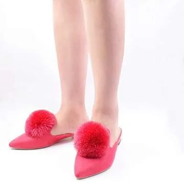 Emiwey Women's Backless Comfort Slip On Loafers Flats Cute Pom Pom Mule Slippers Casual Shoes Rose Red 8.5 M US