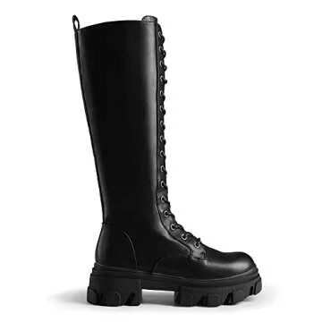 DREAM PAIRS Knee High Boots Women, Fashion Combat Boots Chunky Platform Lace Up Lug Sole Boots For W...