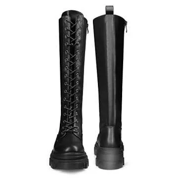 DREAM PAIRS Knee High Boots Women, Fashion Combat Boots Chunky Platform Lace Up Lug Sole Boots For Women,Size 9,BLACK/PU,SDKB221W