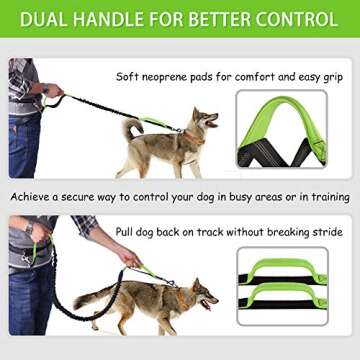 Hands Free Dog Leash for Running Walking Jogging Training Hiking, Retractable Bungee Dog Running Waist Leash for Medium to Large Dogs, Adjustable Waist Belt with Pack, Reflective Stitches, Dual Handle