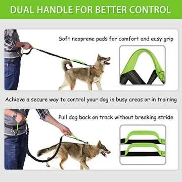 Hands Free Dog Leash for Running Walking Jogging Training Hiking, Retractable Bungee Dog Running Waist Leash for Medium to Large Dogs, Adjustable Waist Belt with Pack, Reflective Stitches, Dual Handle