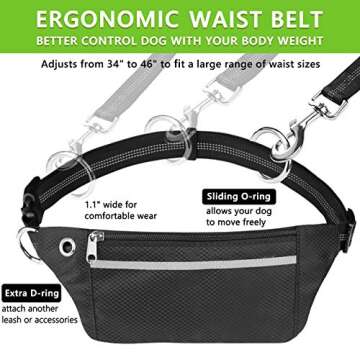 Hands Free Dog Leash for Running Walking Jogging Training Hiking, Retractable Bungee Dog Running Waist Leash for Medium to Large Dogs, Adjustable Waist Belt with Pack, Reflective Stitches, Dual Handle