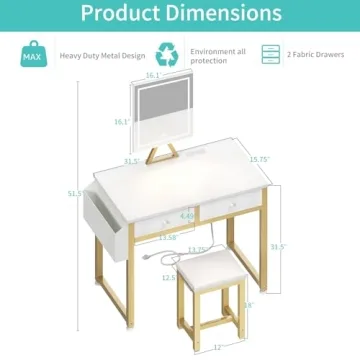 Lufeiya Small Makeup Vanity Desk with LED Mirror 32 inch