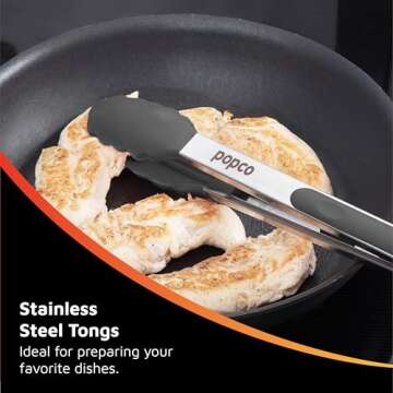 Popco Kitchen Tongs Set - Heavy Duty 3-Piece Cooking Tongs Silicone - Rubber Tongs for BBQ, Grilling...