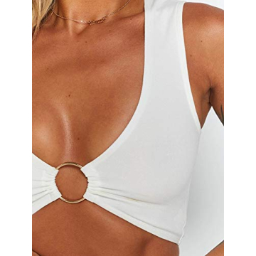Women’s Plunging Neckline Crop Top with Ring Centerpiece