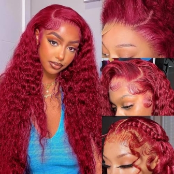 30 Inch 200 Density 13x6 99J Burgundy Lace Front Wigs Human Hair Pre Plucked Deep Wave Lace Front Wi...