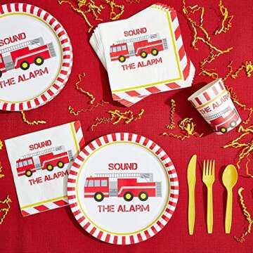 BLUE PANDA 144 Pieces Firefighter Party Decorations, Disposable Dinnerware Set with Firetruck Paper ...